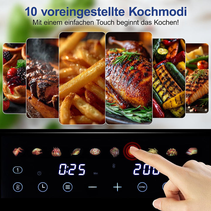 Rosenstein & Söhne Fritteuse: Dual-Heissluftfritteuse, 2 Schubladen mit Sichtfenster, 10 Programme (