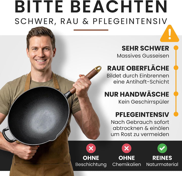 Friedewald® Gusseisen Wok mit Deckel - induktionsgeeignet - 29 cm/für 2-4 Personen - alle Herdarten