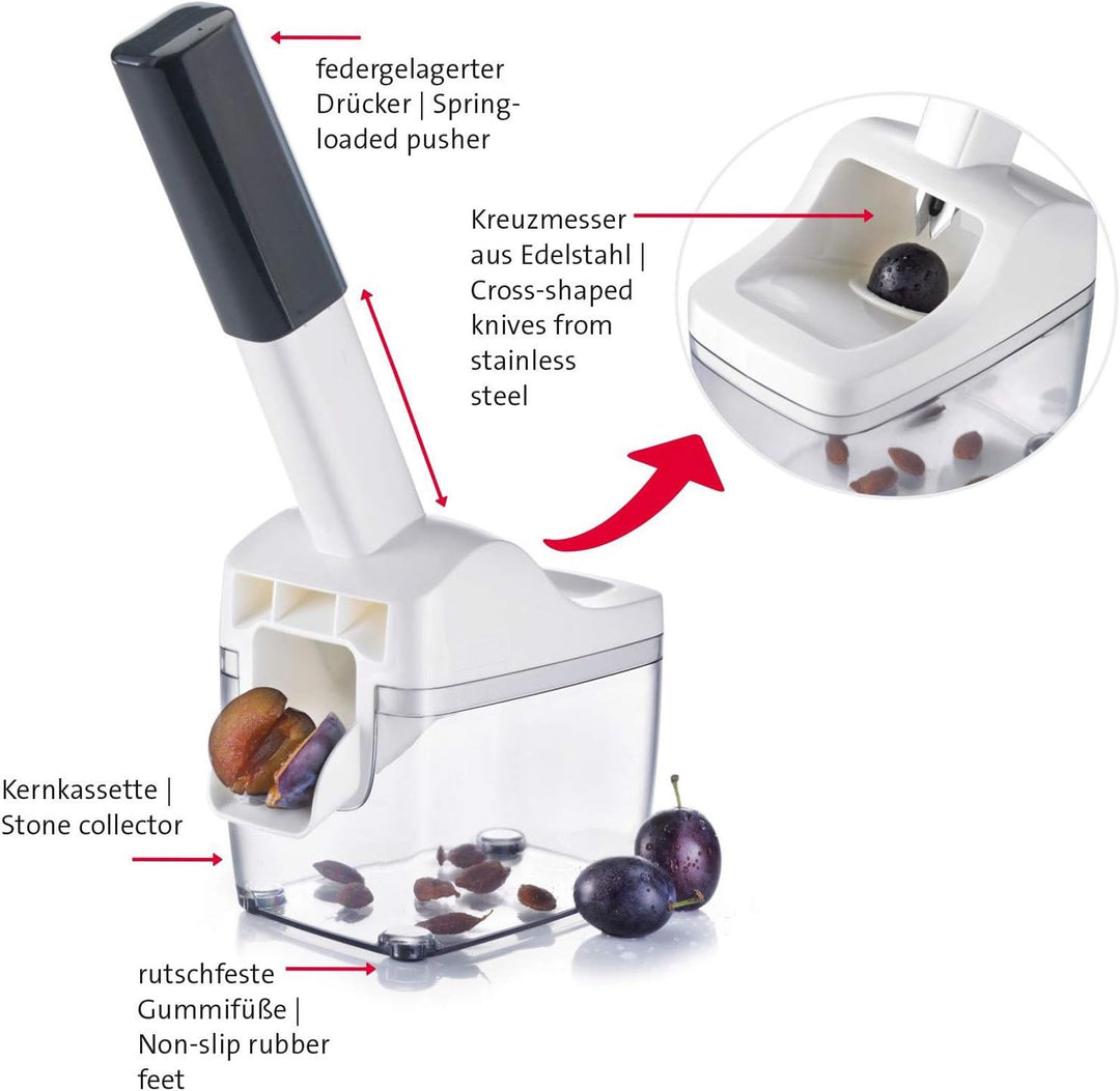 Westmark Pflaumen- und Zwetschgenentsteiner mit Auffangbehälter, Höhe: 33,7 cm, Edelstahl/Kunststoff