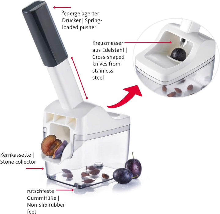 Westmark Pflaumen- und Zwetschgenentsteiner mit Auffangbehälter, Höhe: 33,7 cm, Edelstahl/Kunststoff