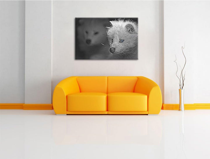 hübscher Polarfuchs in Höhle schwarz/weiss Deluxe Format: 100x70 cm auf Leinwand, XXL riesige Bilder
