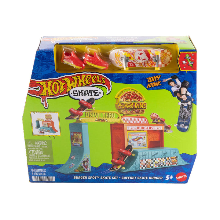 Hot Wheels Skate Spielset mit exklusivem Fingerboard und einem Paar Schuhe, Burger Spot Skate-Set mi