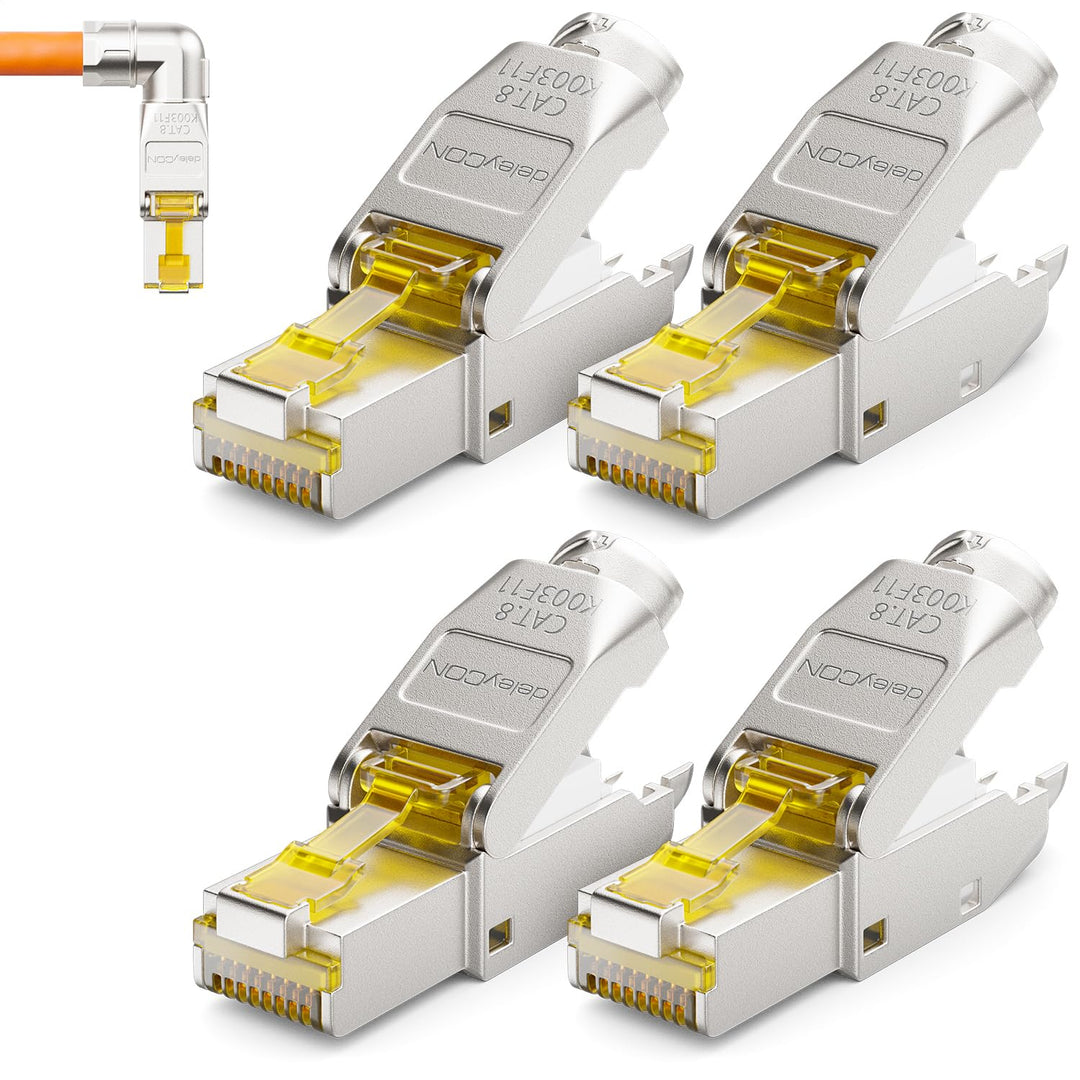 deleyCON 4x CAT 8 Netzwerkstecker 90° Winkel Stecker RJ45 Werkzeuglos Geschirmt 40 Gbit/s Netzwerk S