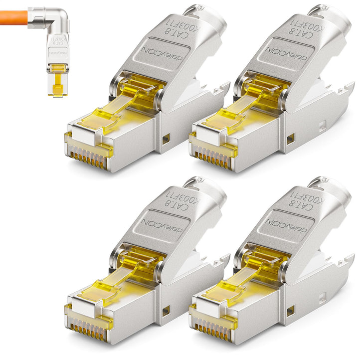 deleyCON 4x CAT 8 Netzwerkstecker 90° Winkel Stecker RJ45 Werkzeuglos Geschirmt 40 Gbit/s Netzwerk S