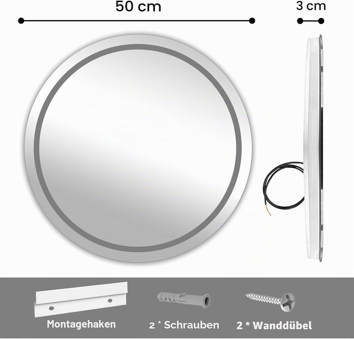 Badezimmerspiegel mit Beleuchtung, 50cm Runder Spiegel mit Beleuchtung, Wandspiegel mit Frontbeleuch