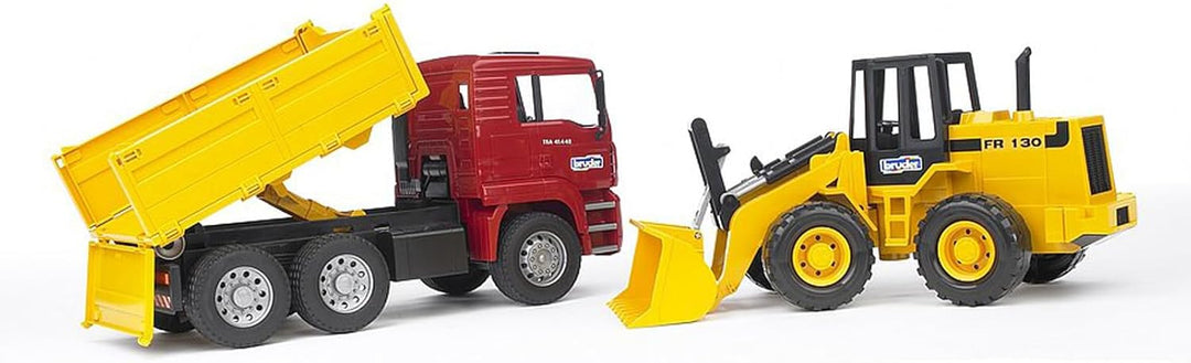 bruder 02752 - Man TGA Kipplastwagen mit Gelenkradlader FR130-1:16 LKW Lastwagen Muldenkipper Radlad