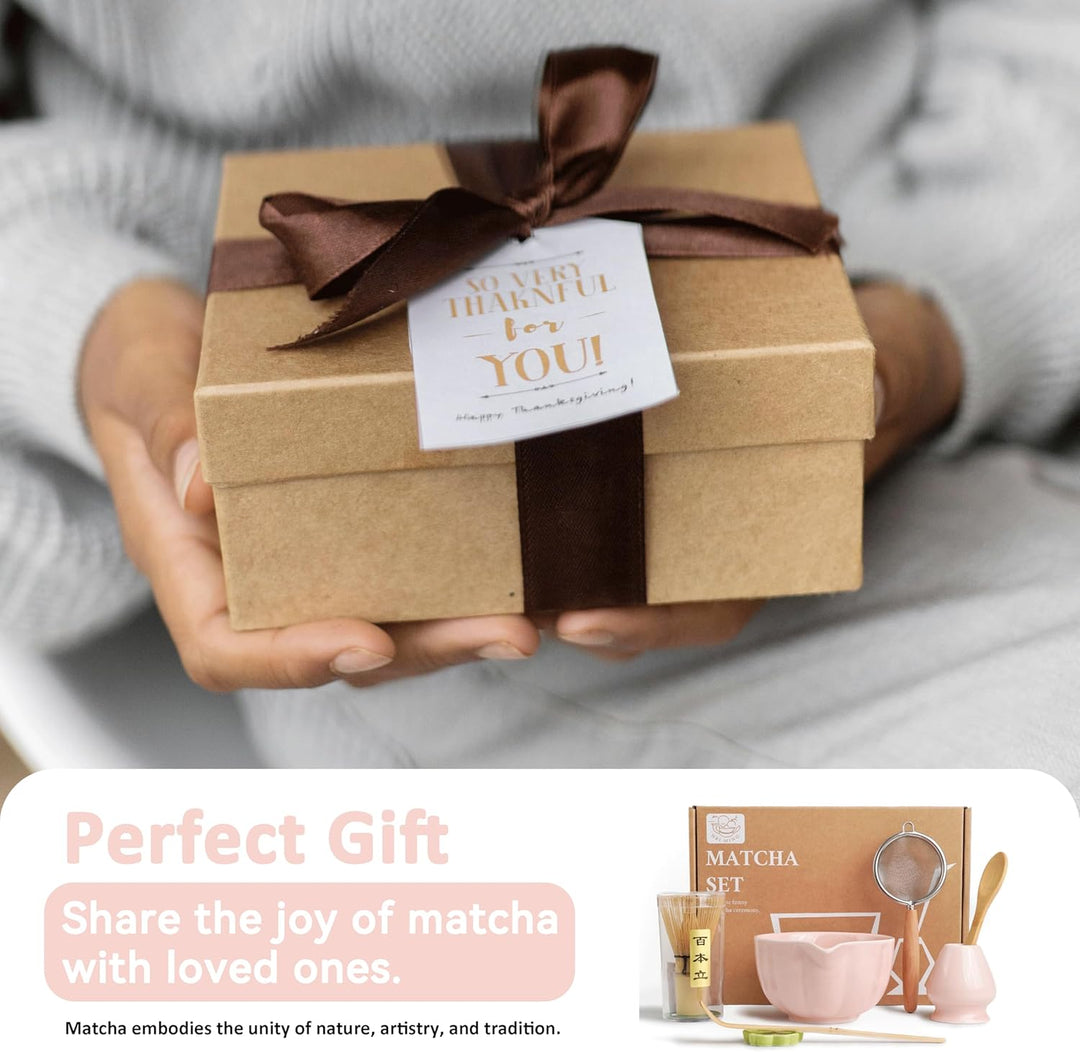 Premium Matcha Set 7-teilig – Exklusives Teezeremonie-Set mit Bambus-Chasen (Besen),Rosa Keramik-Sch