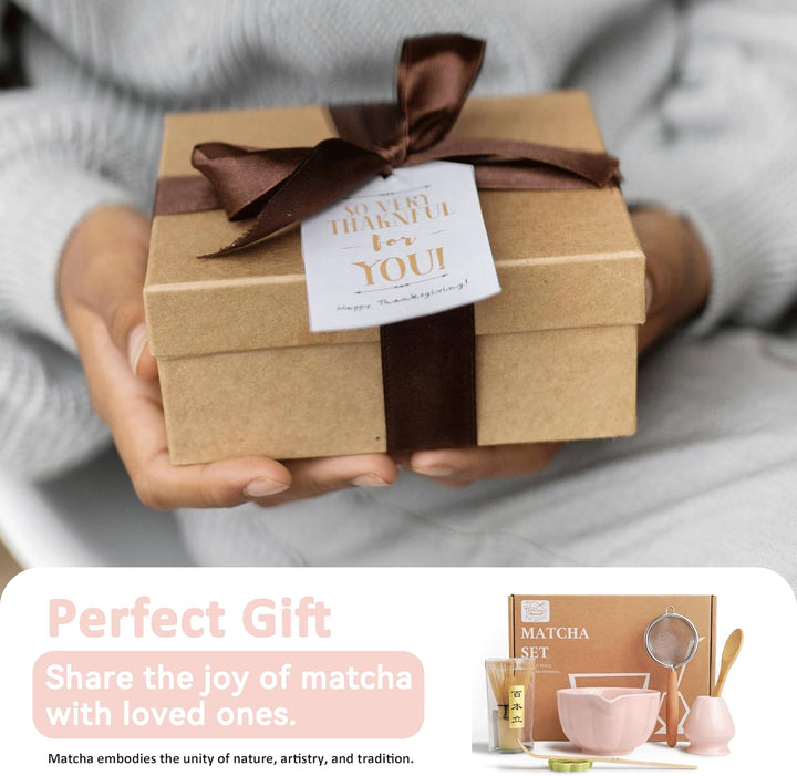 Premium Matcha Set 7-teilig – Exklusives Teezeremonie-Set mit Bambus-Chasen (Besen),Rosa Keramik-Sch