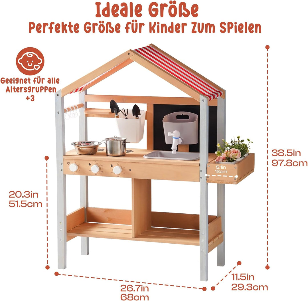 ROBUD Matschküche Outdoor Holz mit Sonnendach, Spielküche Kinder Matschküche im Freien mit Pflanzkas