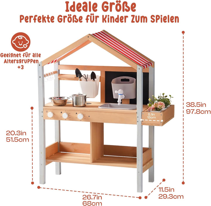 ROBUD Matschküche Outdoor Holz mit Sonnendach, Spielküche Kinder Matschküche im Freien mit Pflanzkas