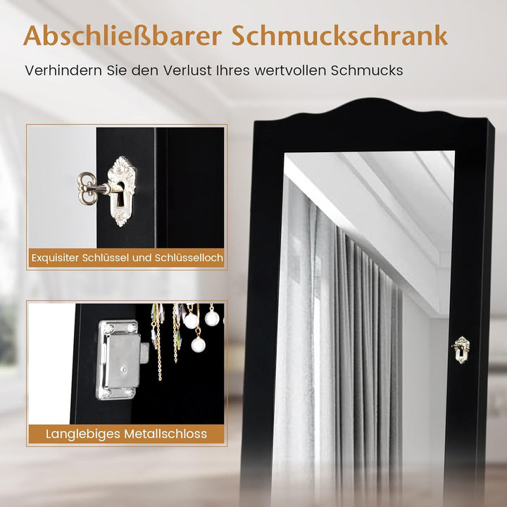 COSTWAY Schmuckschrank, Schmuckregal abschliessbar, Schmuck Spiegelschrank mit Ganzkörperspiegel für