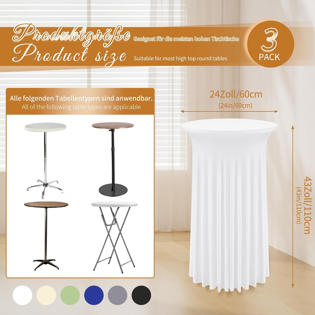 3 Packs Spandex Cocktail Tischdecke mit Röcken 60x110cm, weisser Stretch Cocktail Tischtuch für hohe
