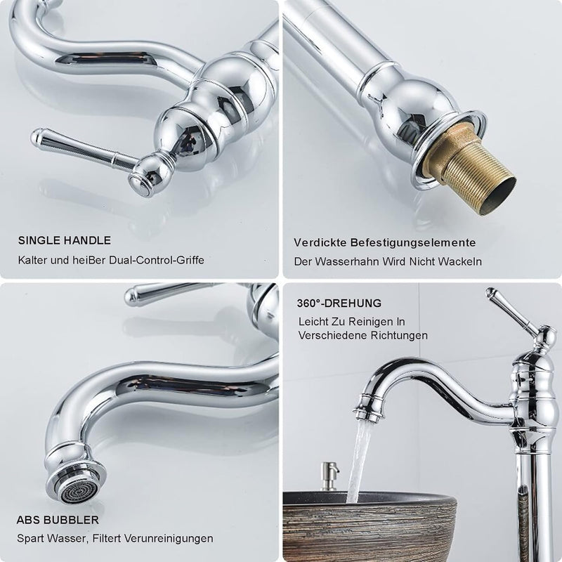 FWZZQ Wasserhahn Bad Hoch Retro, Waschtischarmatur Chrom, 360°Drehbar Armatur Waschbecken, Einhebel