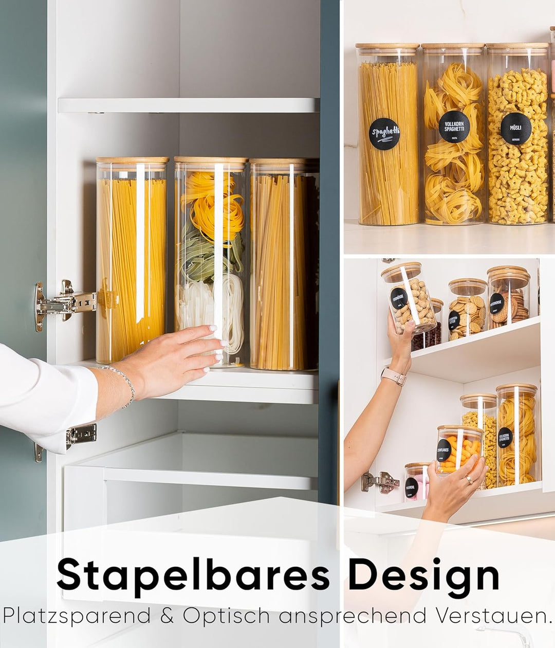 Deco haus® Spaghetti Aufbewahrung 3er Set - Vorratsgläser mit Deckel + Etiketten [LUFTDICHT] - Für M