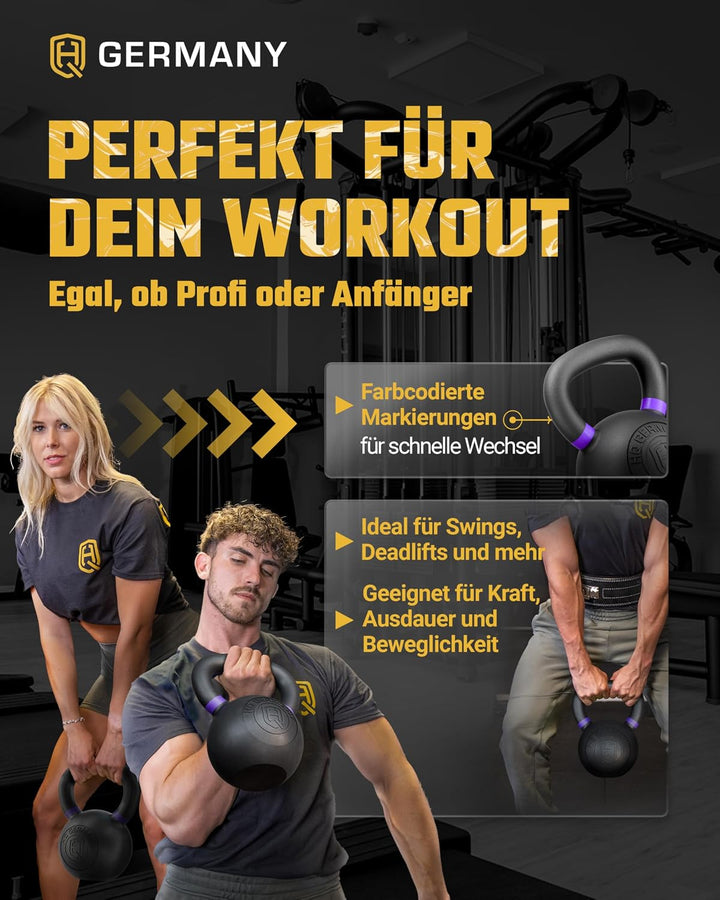 HQ Germany® Kettlebell Powdercoat [Pulverbeschichtung] - Kugelhantel 2-32kg | Vollguss ohne Schweiss