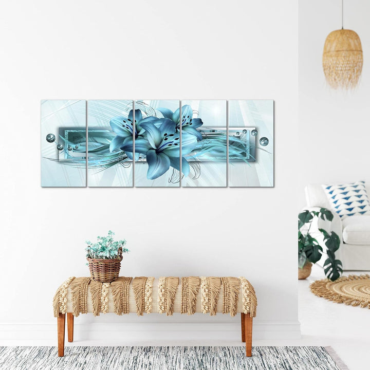 Runa Art Wandbild XXL Blumen Lilien Wohnzimmer Schlafzimmer 200 x 80 cm Türkis 5 Teilig - Made in Ge