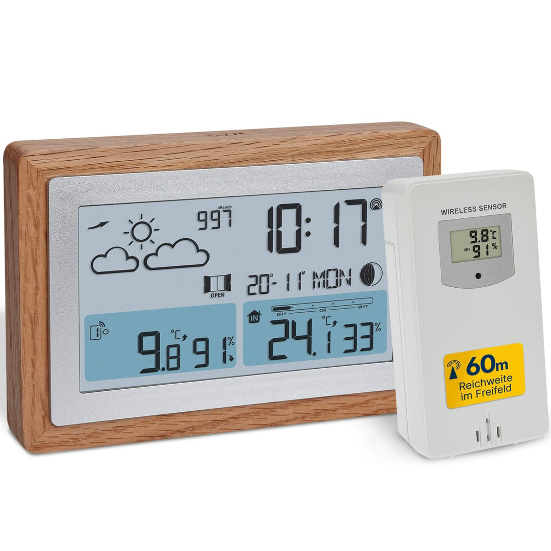 TFA Dostmann Funk-Wetterstation mit Aussensensor OAK, 35.1167.54, Wettervorhersage, mit Holz-Rahmen,