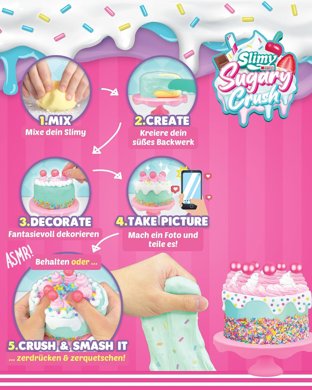 SLIMY Sugary Crush - Party Caakery, Slime und Knete Kreativ-Set, Backspiel zum selber Mischen, Forme