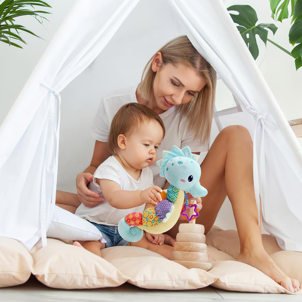 Multifunktionales Kleinkindspielzeug Buntes Baby Spielzeug mit Musik, Plüsch Seepferdchen zum Beisse