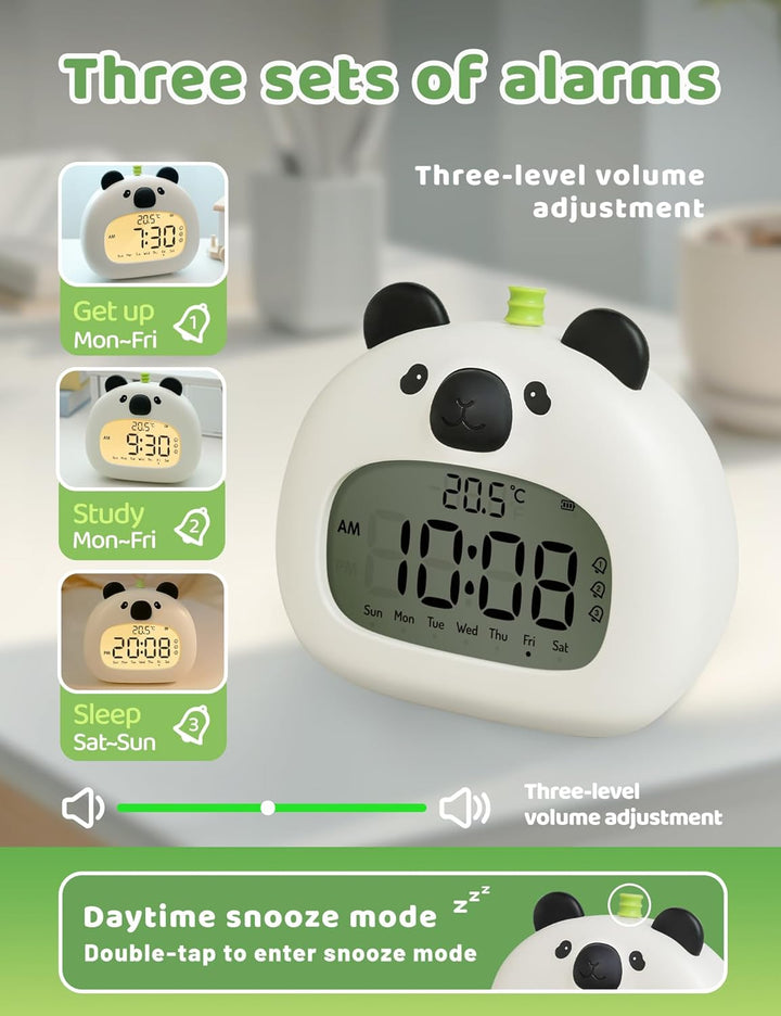 IHALO Cute Kinderwecker, Nachttischwecker mit Panda Nachtlicht, digitales LED-Display, 3,15 Zoll, DR