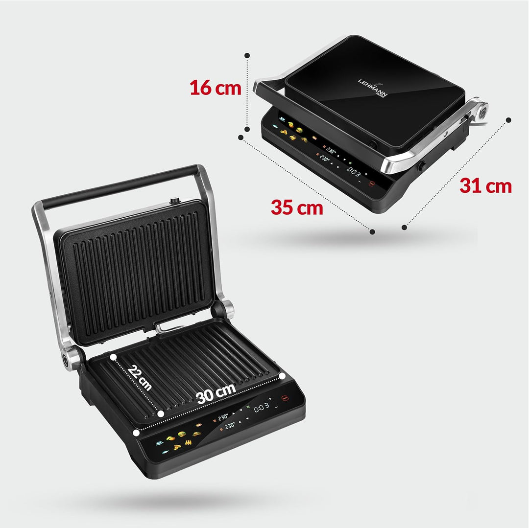 LEHMANN Kontaktgrill, 2000 W, Tischgrill 180° aufklappbar, Abnehmbare Antihaftplatten, Display: 10 P