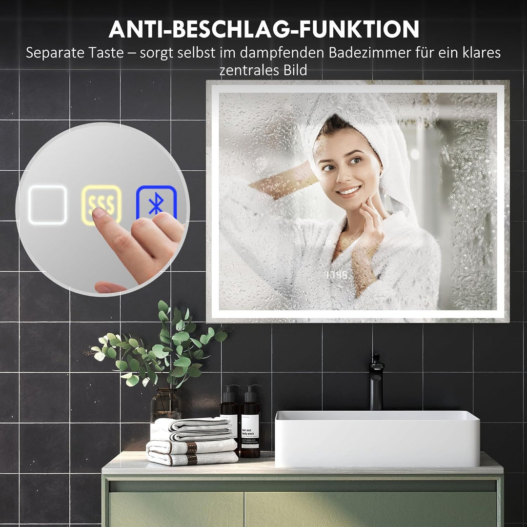 HOMCOM Badspiegel mit Beleuchtung 100x80 cm LED Spiegel Wandspiegel mit Bluetooth-Musikfunktion Memo