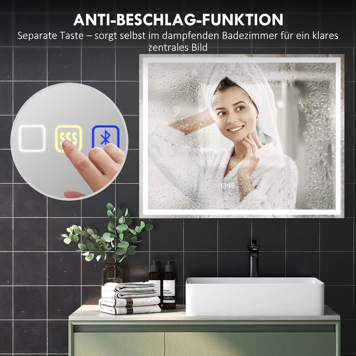 HOMCOM Badspiegel mit Beleuchtung 100x80 cm LED Spiegel Wandspiegel mit Bluetooth-Musikfunktion Memo