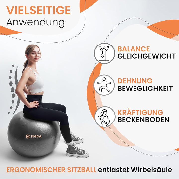KIANA SPORTS® Gymnastikball & Sitzball - 4 Grössen - Deutsche Entwicklung - Rutschfester Yoga Ball m
