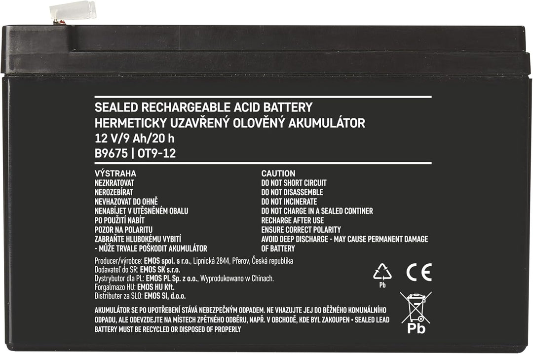 EMOS - Wartungsfreier Bleiakku - 12V 9Ah - AGM Batterie - Faston 6,3mm Anschluss - Für USV-Geräte -