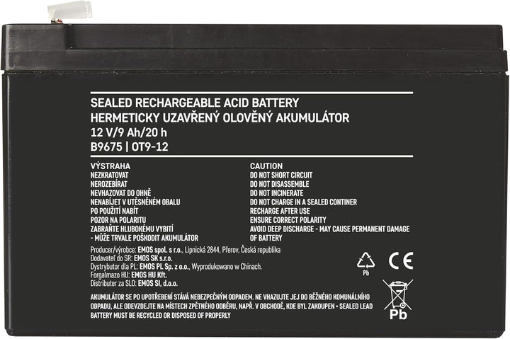 EMOS - Wartungsfreier Bleiakku - 12V 9Ah - AGM Batterie - Faston 6,3mm Anschluss - Für USV-Geräte -
