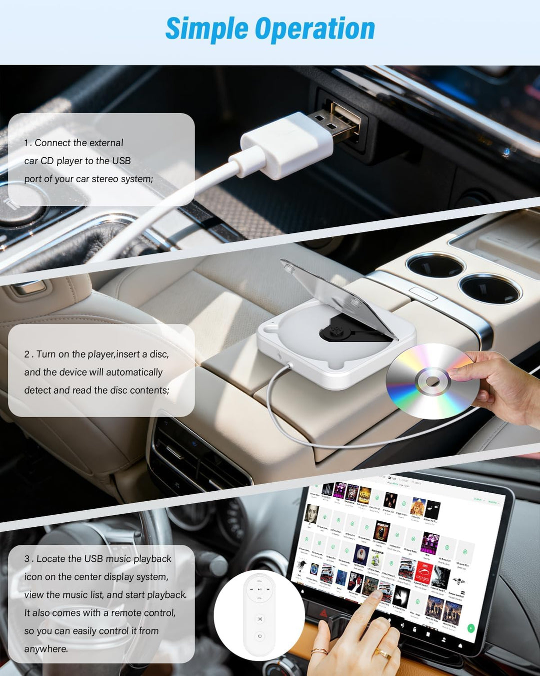 MONODEAL Externer CD Player für Auto, Plug-and-Play Auto CD-Player mit USB/AUX Anschluss, Universell