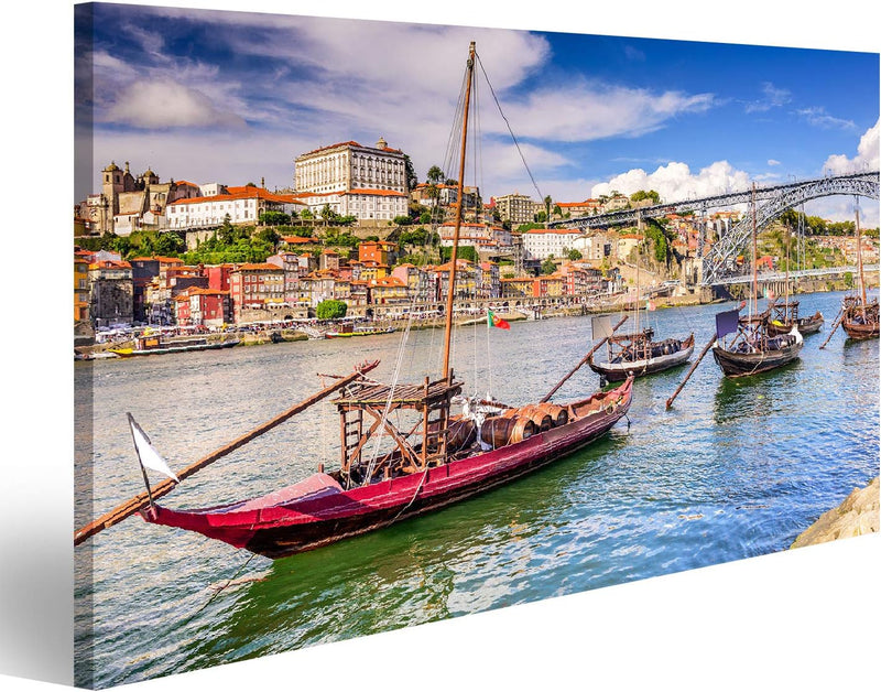 Bild Bilder auf Leinwand Douro River in Porto Portugal Wandbild Poster Leinwandbild RMU 100x57cm, 10