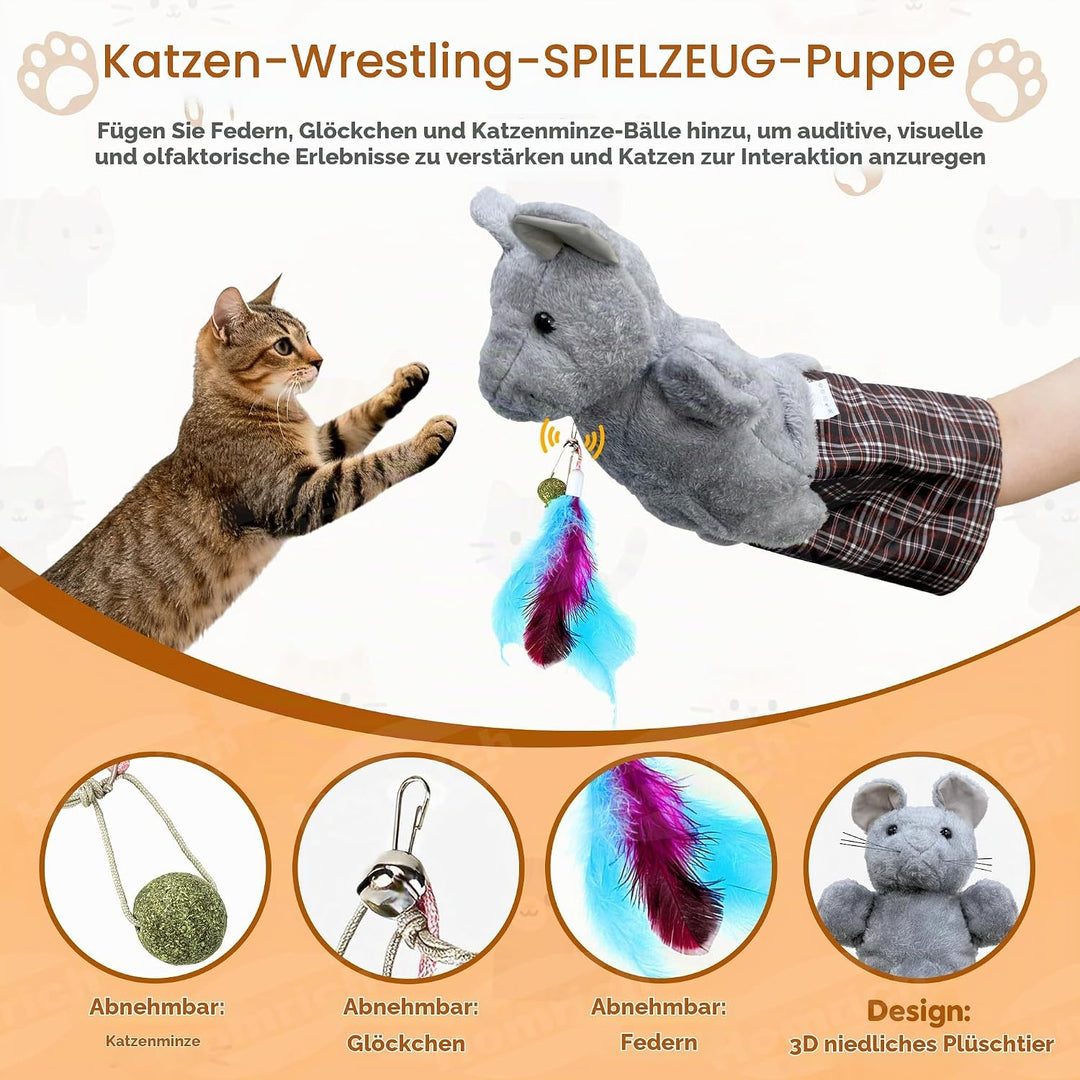 Katzen Wrestling Handschuh, interaktive Katzenspielzeug Handpuppe mit Katzenminze, Federn &amp; Glöckche