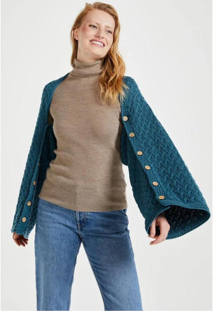 Aran Woollen Mills Supersoft Merino Wool Buttoned Irish Cape/Poncho Einheitsgrösse Blau, Einheitsgr&