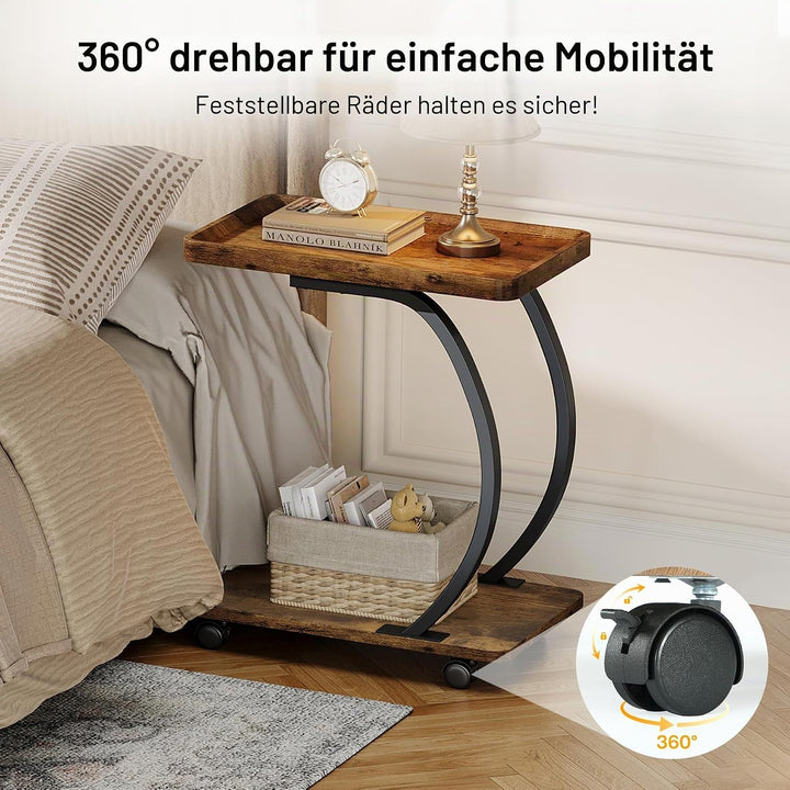 LITTLE TREE Beistelltisch mit Rollen, C-Form Beistelltische, Schmaler Sofatisch für kleines Wohnzimm