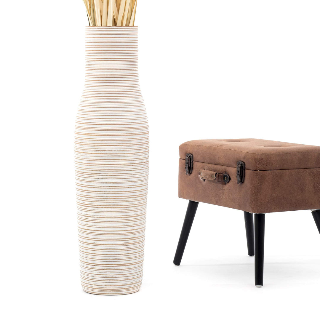 Leewadee Grosse Bodenvase für Dekozweige hohe Standvase Design Holzvase, Holz, 90 cm, White wash 90