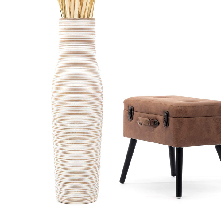 Leewadee Grosse Bodenvase für Dekozweige hohe Standvase Design Holzvase, Holz, 90 cm, White wash 90