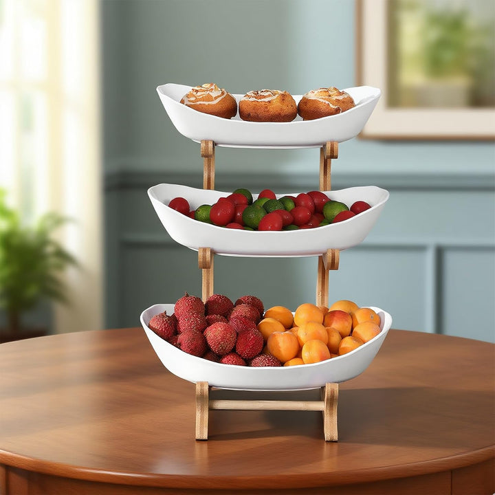 Obstständer 3-stöckig aus Bambus, Mehrstöckiger Obstkübel mit Schalen, Küchenorganizer für Obst und