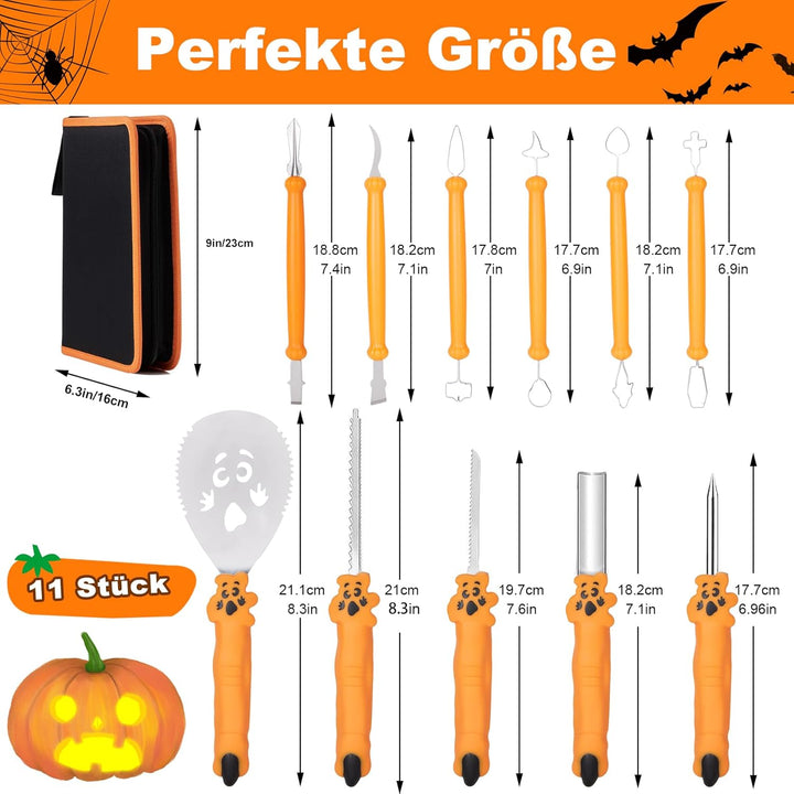 COOLUCK Kürbis Schnitzset mit Vorlagen, 11 Stück Halloween Kürbis Schnitzwerkzeug Carving Set mit Tr