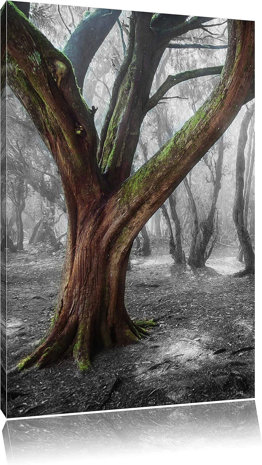 Pixxprint einsamer Baum in tristem Grau / 100x70cm Leinwandbild bespannt auf Holzrahmen/Wandbild Kun