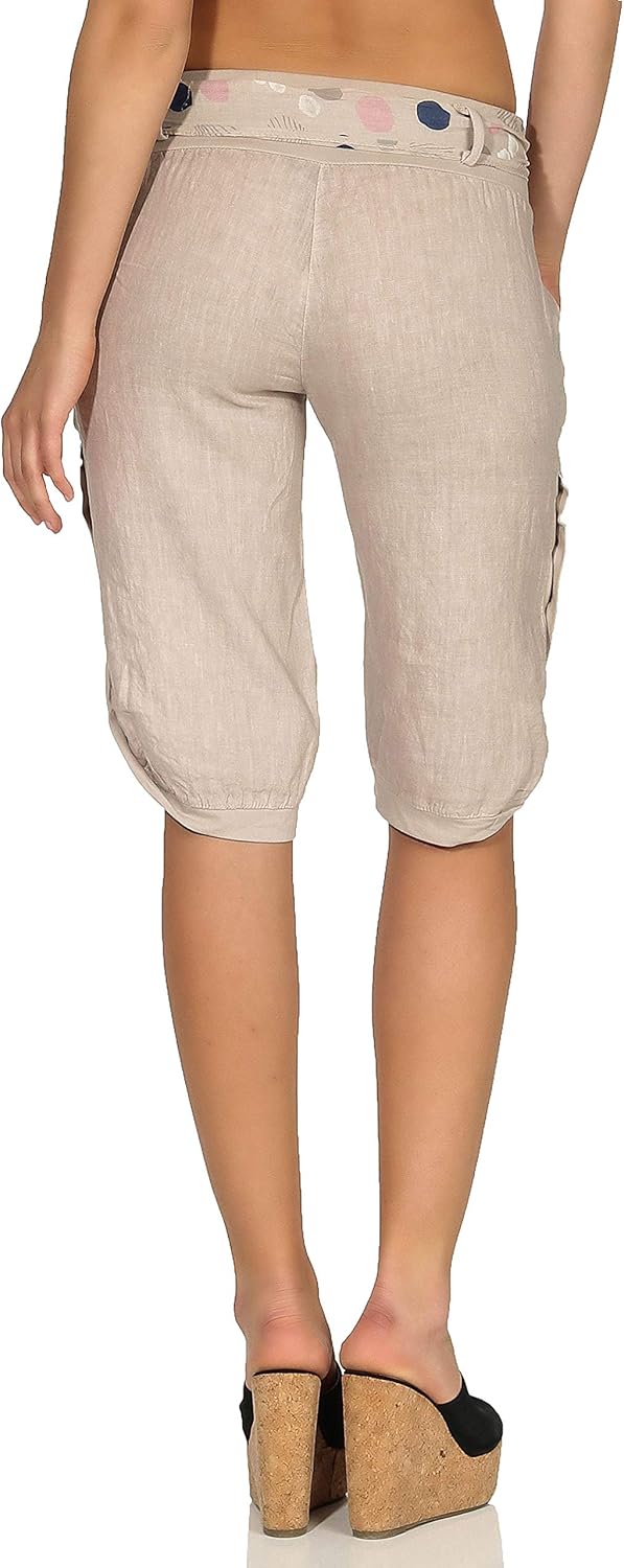 Malito Damen Kurze Hose aus Leinen - Caprihose in Unifarben - feine Freizeithose mit Gürtel - Stoffh