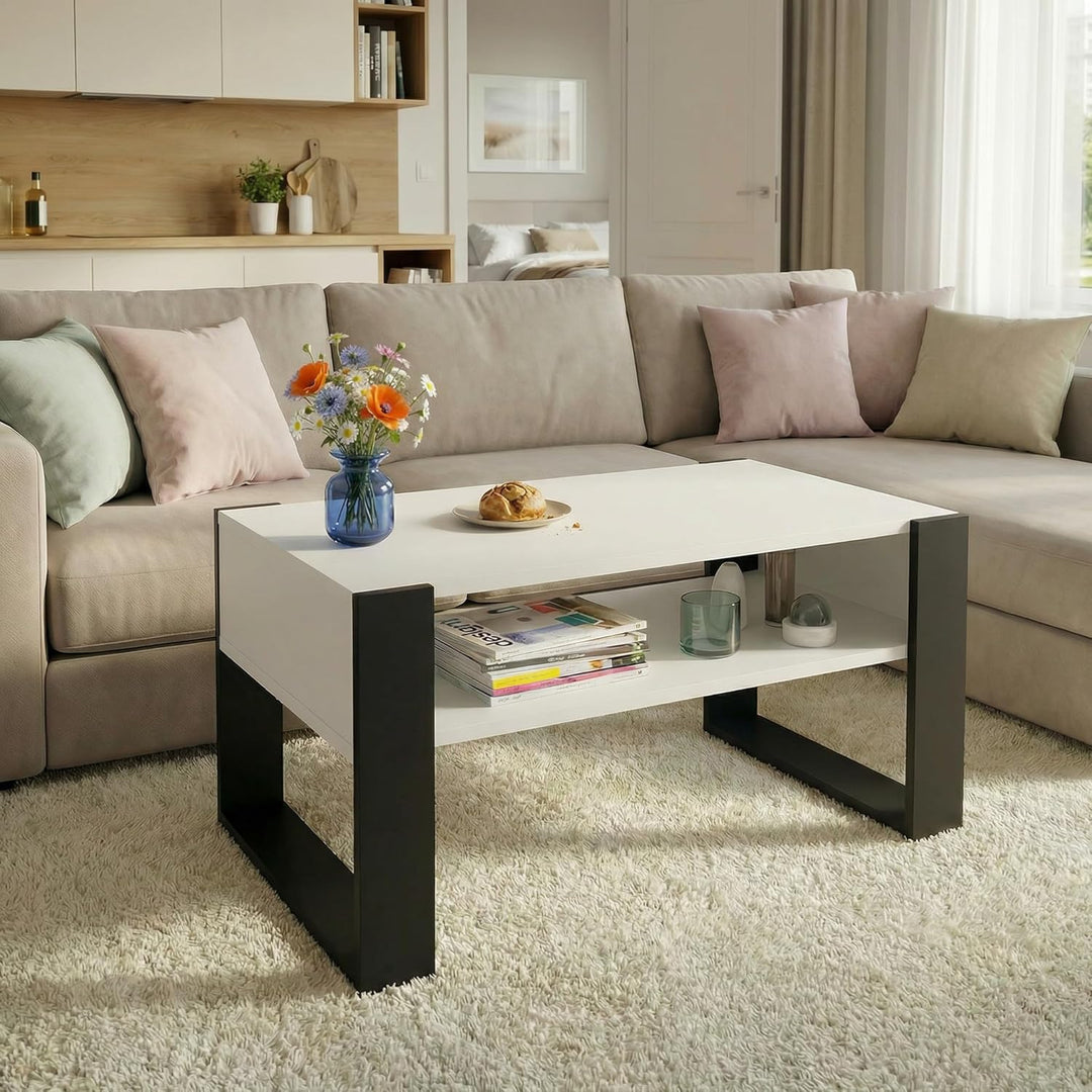 Wohnzimmer Tisch für Couch aus hochwertigem Holz, moderner Couchtisch mit zusätzlicher Ablagefläche,