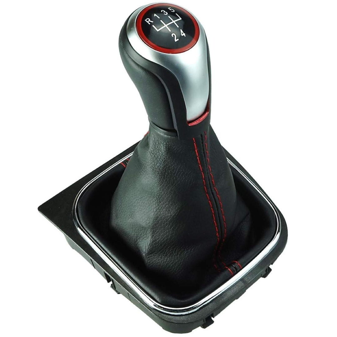 Schaltknauf Schaltsack Schaltmanschette Rahmen 5 Gang Silber - Roter Ring - rote Naht