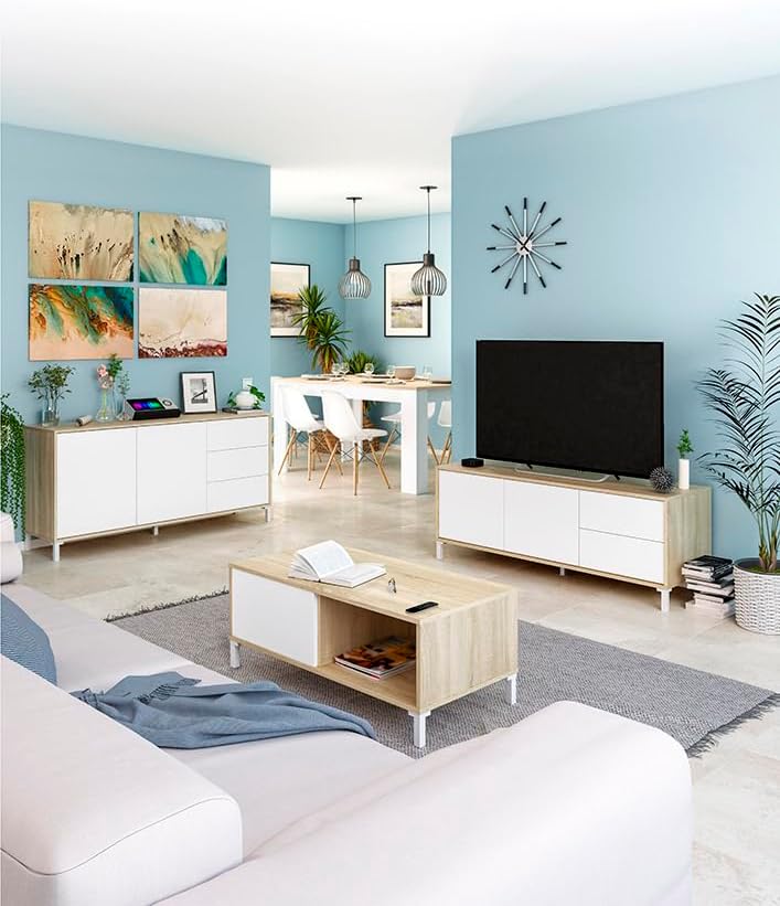 Wohnzimmer-Couchtisch mit einer Schublade und einem Tagesfach, Farbe Weiss und Eiche, 100 x 40 x 50