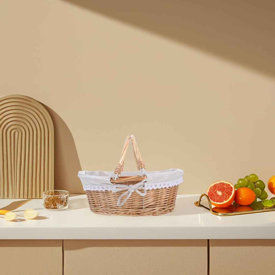 Healifty Picknickkorb Aus Rattan Mit Doppelten Klappgriffen Gänseblümchen-Sackleinen-Einlage Handgew