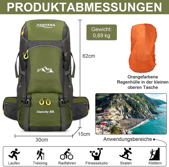 jianyana Wanderrucksack 50L Trekkingrucksack Regenhülle Reiserucksack Wasserdichter Campingrucksack