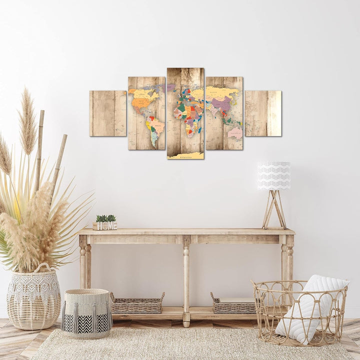 Runa Art Wandbilder Weltkarte Holz 5 Teilig Bild auf Vlies Leinwand Deko Büro Wohnzimmer Kontinente