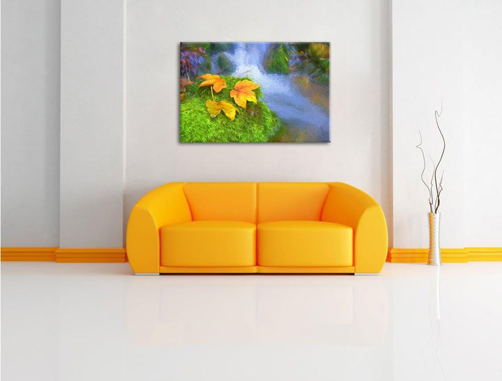 Pixxprint Herbstblätter am Wasserfall Bunstift Effekt, Format: 100x70 auf Leinwand, XXL riesige Bild