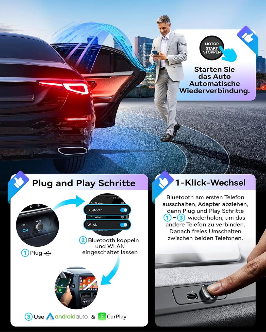 Wireless Carplay & Android Auto Adapter 2-in-1, 1-klick-Benutzerwechsel, Mavlou 2026 Ultra-Mini Dong