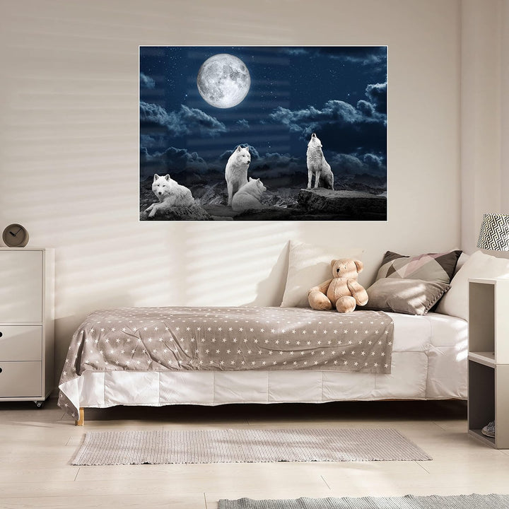 wandmotiv24 Poster als Wanddeko, Grösse Din A0, Wolfsrudel, Wolf, Gemälde, Mond, Wölfe, Felsen, Tier